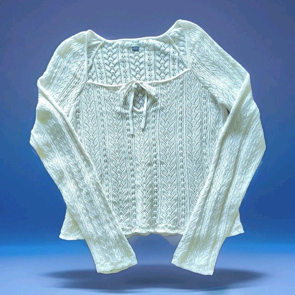 American Eagle Womens XL Crochet Sweater Open Knit Tie Boho Beach Festival